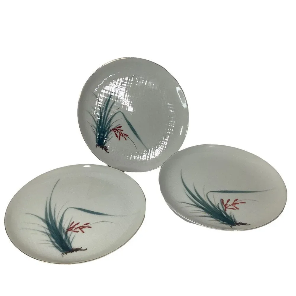 Vtg 3 Nunome China Dinner Plates 10 in Grass‎ Red Flower Gray Plaid Japan OOAK